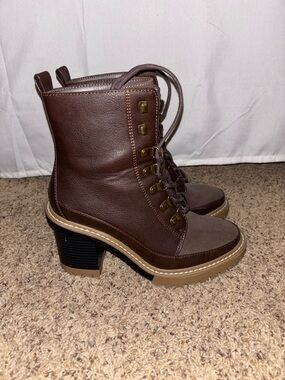 Brown Lace-Up Chunky Heel Combat Boots